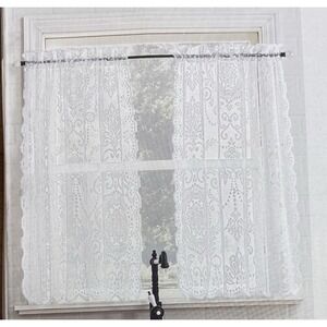 NIB No. 918 Nina Lace Rod Pocket Tier Pair Curtains White 58x36 Floral Sheer 2pk